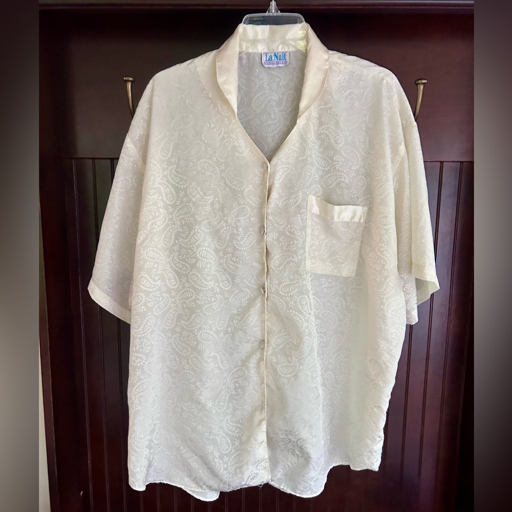 VINTAGE 90S LA NUIT Ivory Satin Jacquard Button Down Shirt Loungewear Top L / XL - Picture 3 of 14